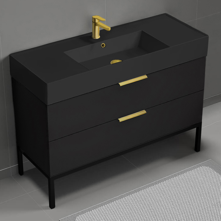 Bathroom Vanity Modern Black Bathroom Vanity, 48 Inch, Gold Handles, Free Standing Nameeks DERIN355